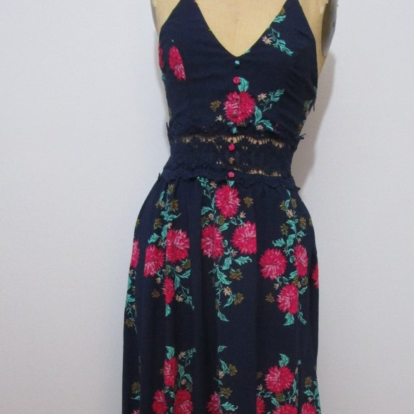 Floral Maxi Halter Racer Dress Fuchsia Navy Blue Crepe - Picture 2 of 10